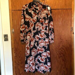 Who What Where Button-down Long Sleeve Dress Navy Blue w/ Brown Flowers Size M